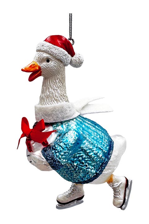 Skating Goose Santa Hat Glass Ornament