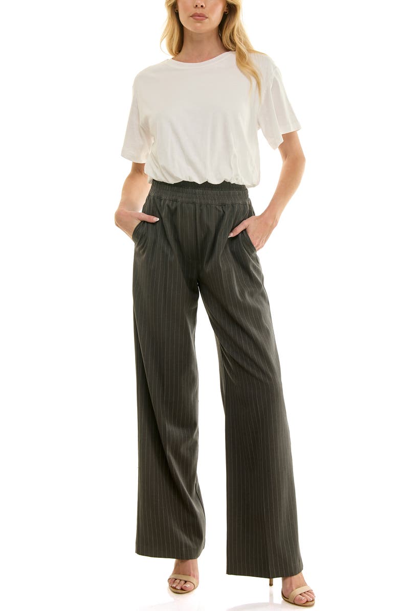Socialite Pinstripe Double Waist Pull-On Pants, Alternate, color, Charcoal Ivory