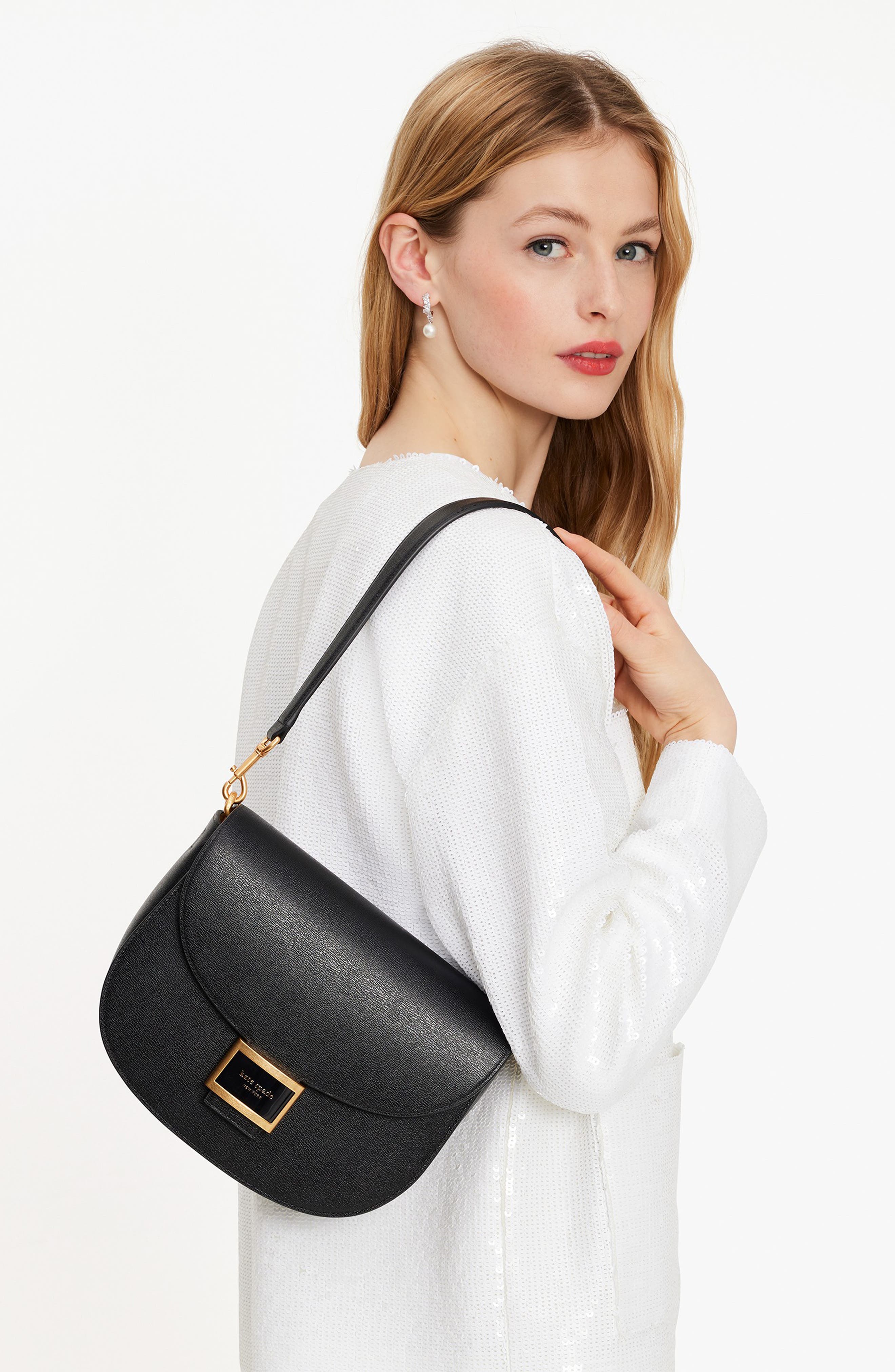 katy textured leather convertible shoulder bag, Alternate, color, BLACK