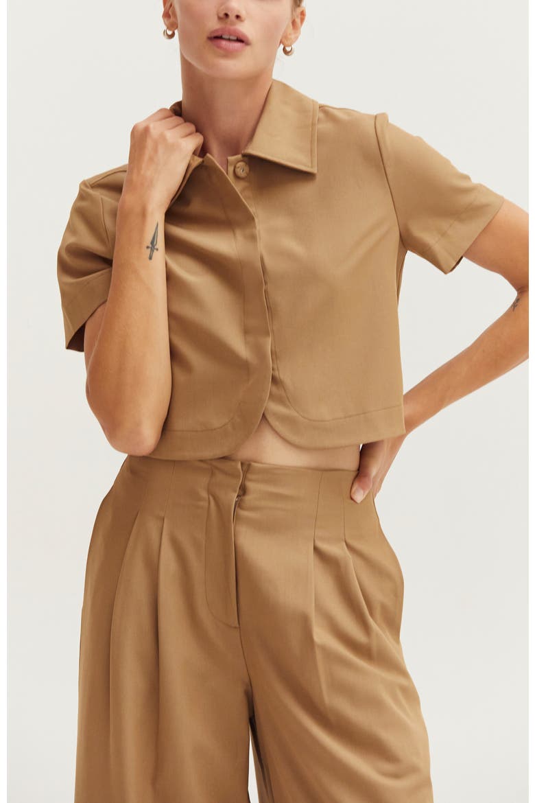 Short Sleeve Cropped Blazer Top, Main, color, Camel