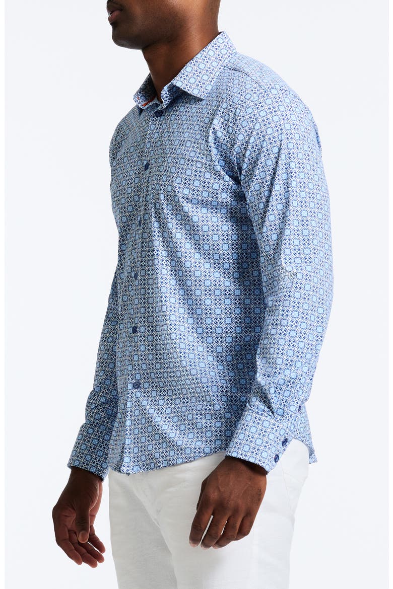 Caspian Classic Fit Foulard Print Knit Button-Up Shirt, Alternate, color, BLUE