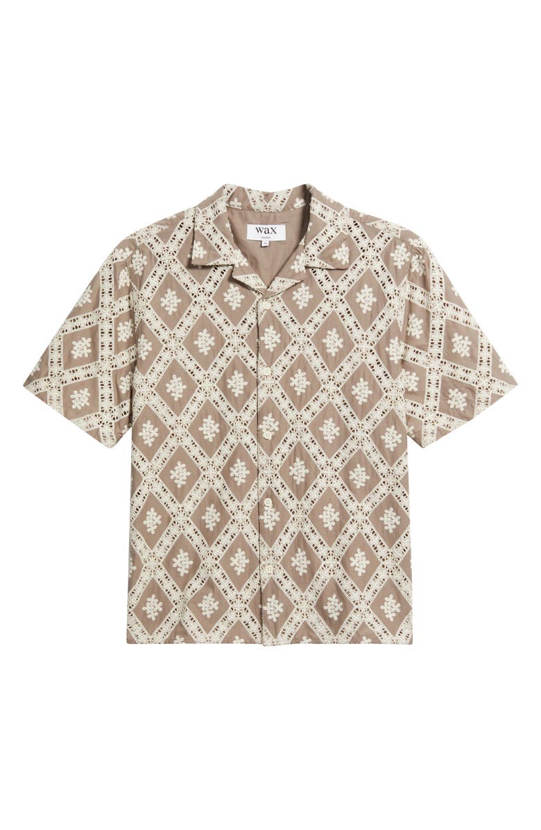 Wax London Didcot Diamond Lace Inset Button-Up Camp Shirt, Main, color, Taupe / Ecru