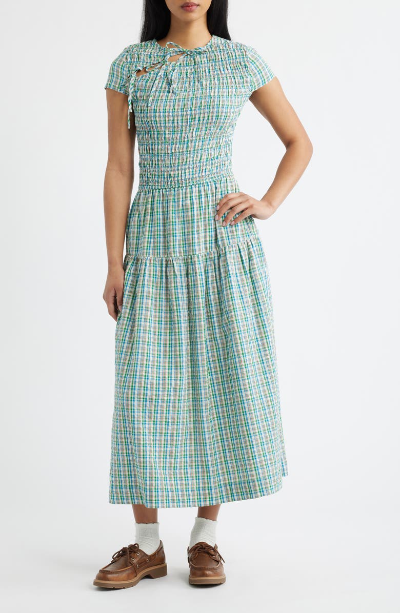 Damson Madder Ebba Plaid Cutout Detail Organic Cotton Dress, Main, color, Teal Multi