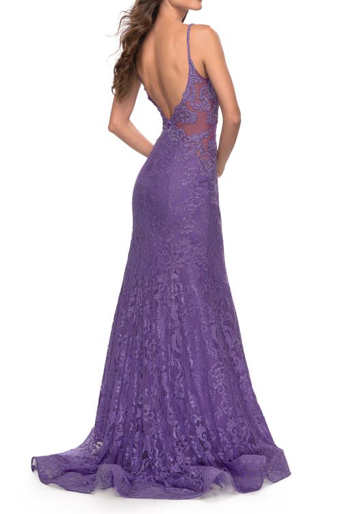 La Femme Long Mermaid Lace Dress With Back Rhinestone Detail In Purple