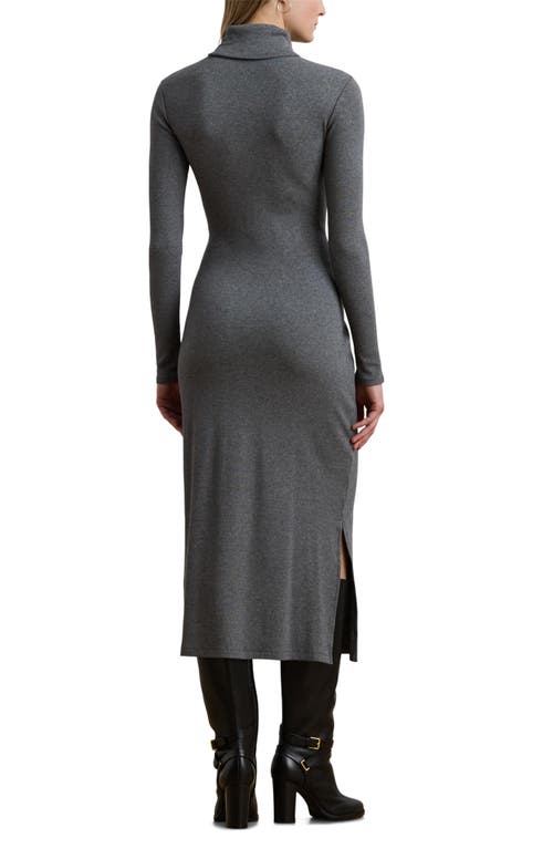 Ralph Lauren Lauren Turtleneck Tie Waist Long Sleeve Rib Cotton Blend Midi Dress In Gray