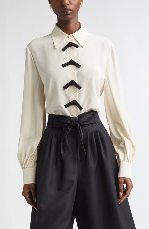 Bow Detail Silk Crêpe de Chine Button-Up Shirt
