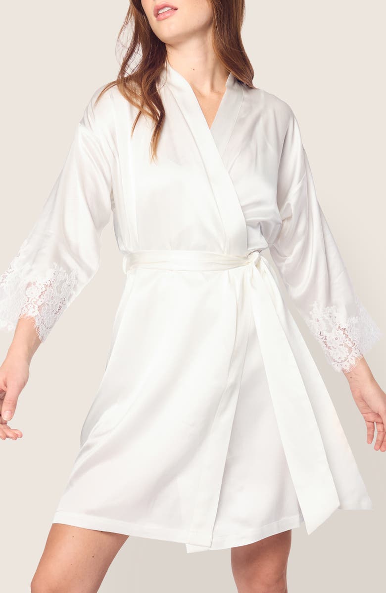 Petite Plume Lace Trim Mulberry Silk Robe, Main, color, White