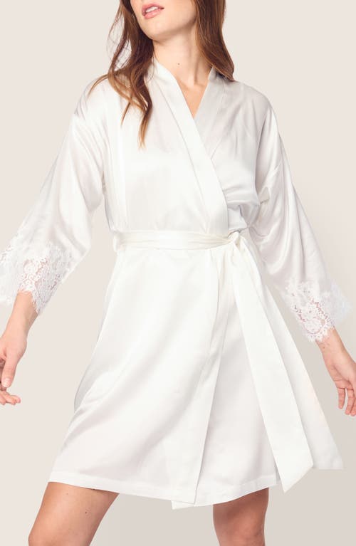 Petite Plume Lace Trim Mulberry Silk Robe In White