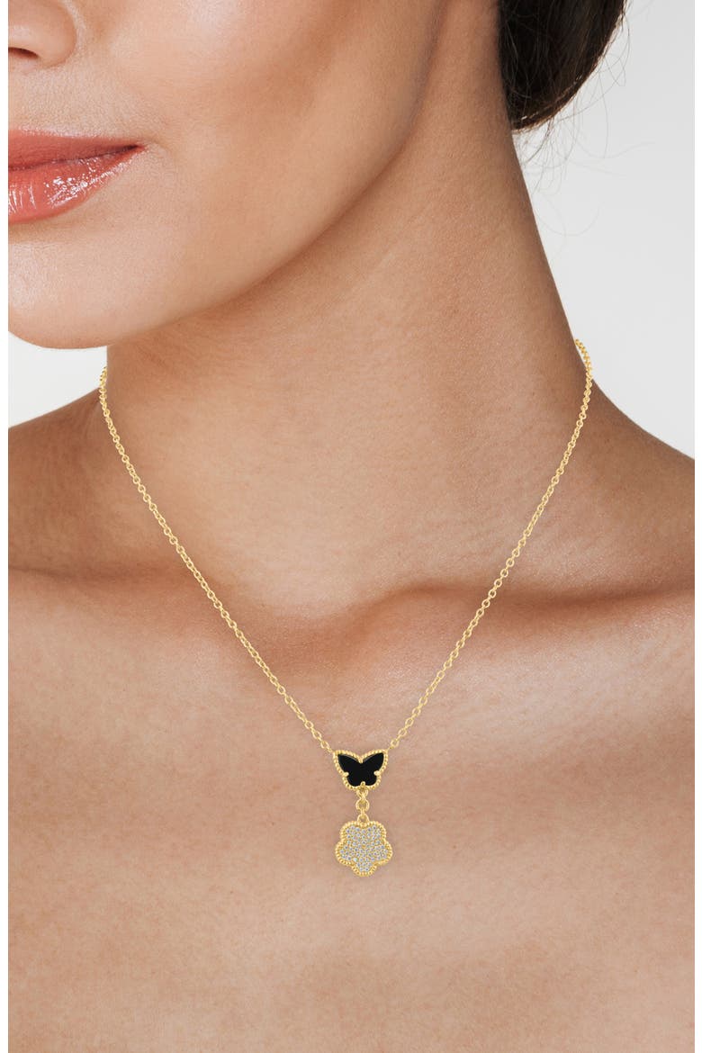 CZ Pavé Butterfly & Clover Drop Pendant Necklace, Alternate, color, BLACK/GOLD