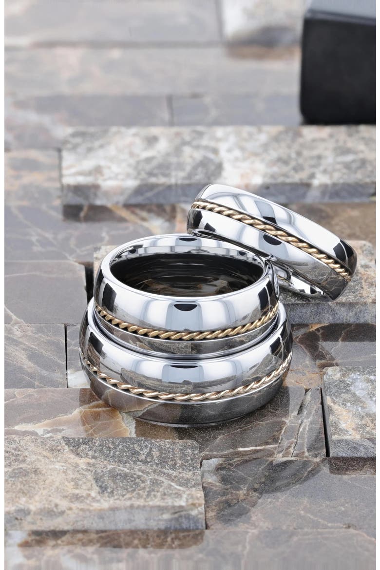 Braided 14K Gold Inlay Domed Tungsten Ring, Alternate, color, Silver / Gold Inlay 8mm