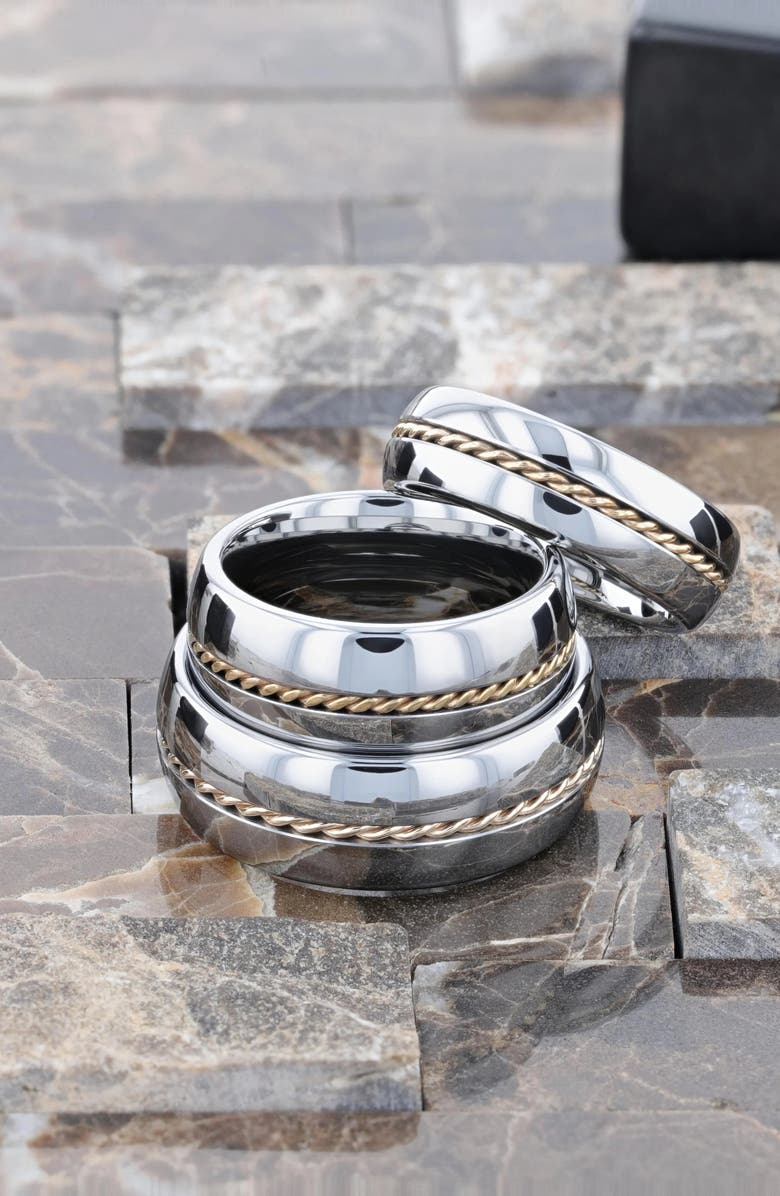 Larson Jewelers Braided 14K Gold Inlay Domed Tungsten Ring, Alternate, color, Silver / Gold Inlay 8Mm