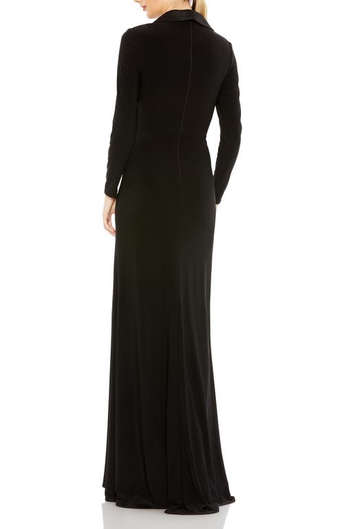 Mac Duggal Long Sleeve Faux Tuxedo Gown In Black