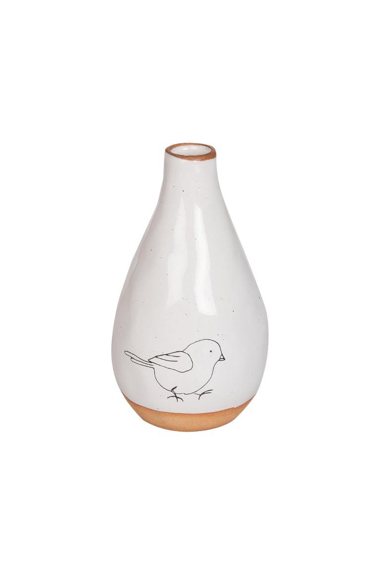Ceramic Chubby Vase with Bird Print for Spring Home Decor Decorative Vases, Main, color, White