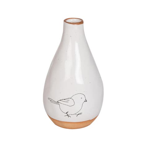 Ceramic Chubby Vase with Bird Print for Spring Home Decor Decorative Vases