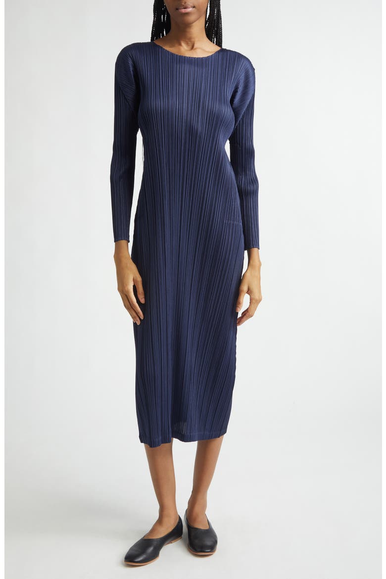 Monthly Colors January Pleated Long Sleeve Midi Dress, Main, color, DARK NAVY