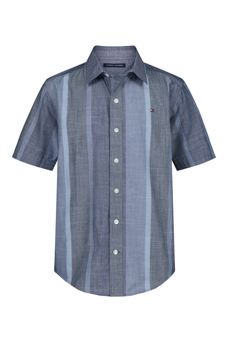Kids' Stripe Slub Short Sleeve Button-Up Shirt, Main, color, VINTAGE INDIGO