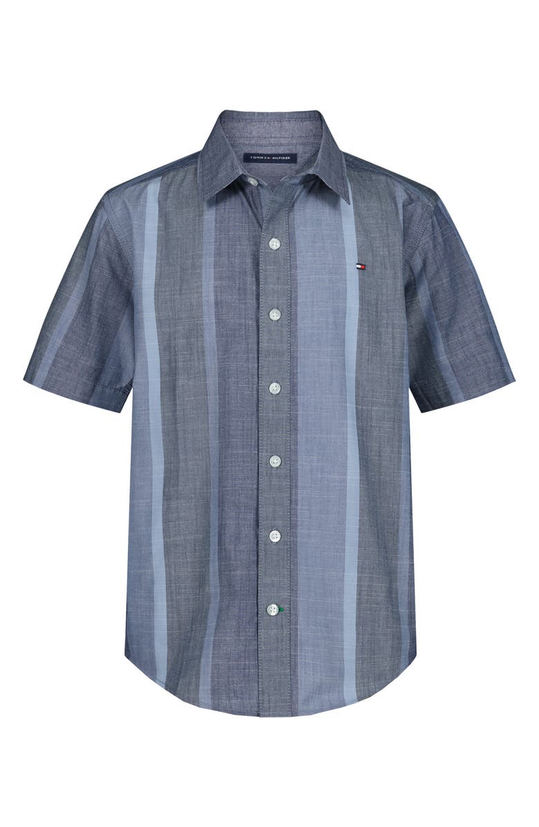 Tommy Hilfiger Kids' Stripe Slub Short Sleeve Button-Up Shirt, Main, color, Vintage Indigo