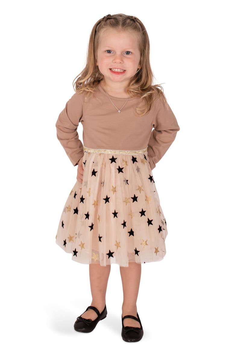 Kids' Long Sleeve Check Party Dress, Alternate, color, BROWN