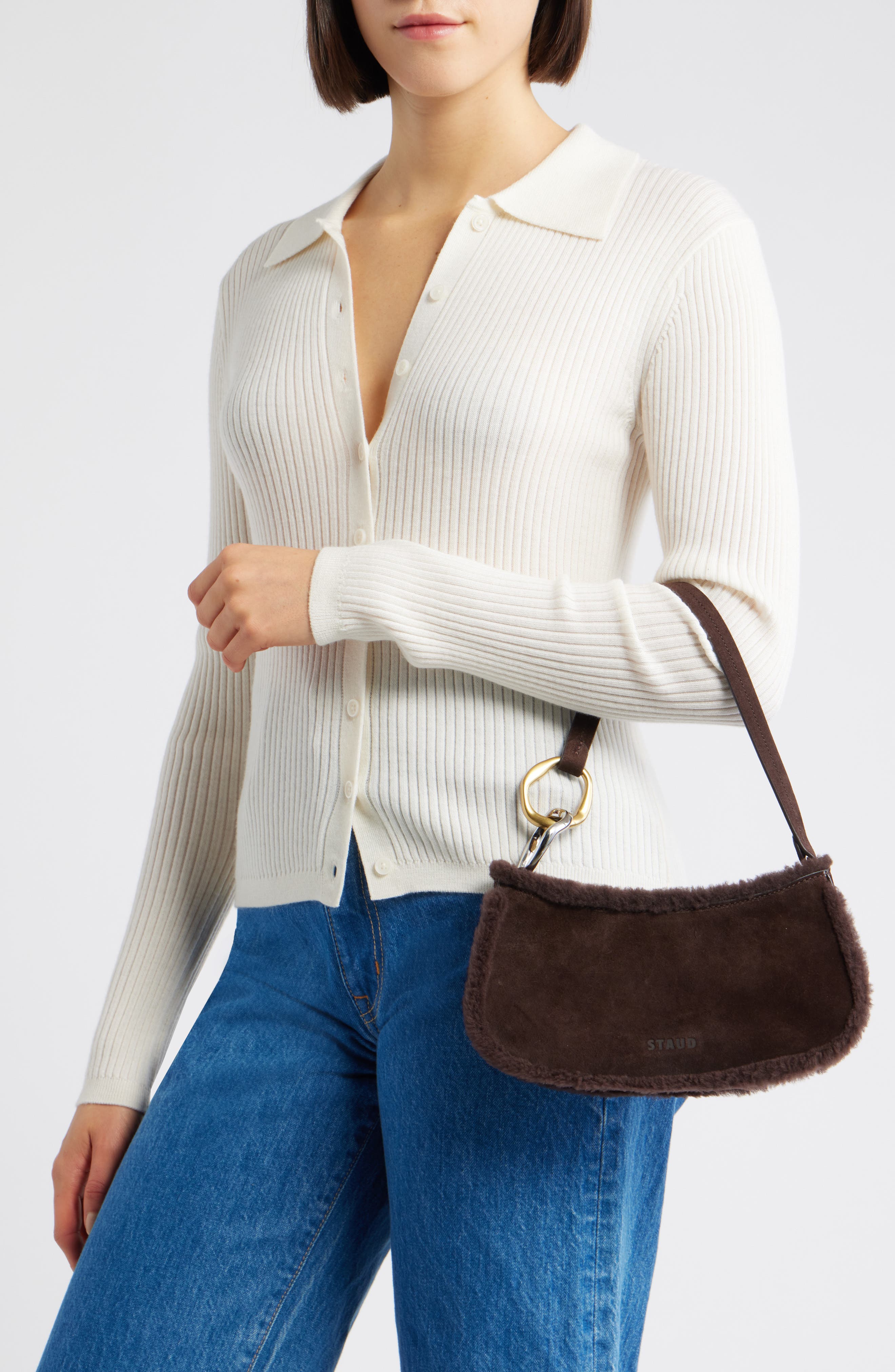 STAUD Ollie Suede Shoulder Bag with Faux Shearling Trim, Alternate, color, 