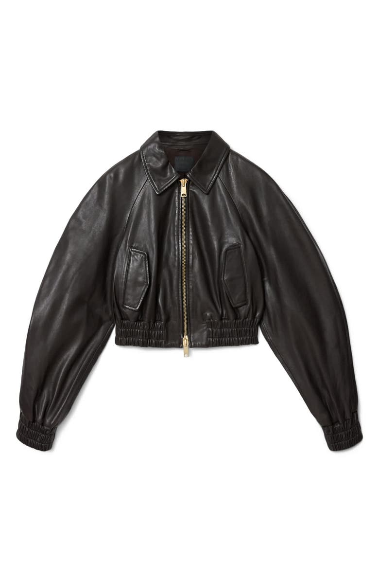AllSaints Anouk Leather Crop Bomber Jacket, Alternate, color, Bitter Brown