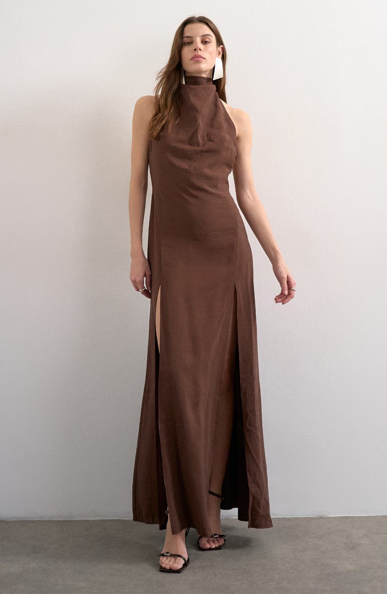 Topshop Halter Cowl Maxi Dress, Main, color, Brown