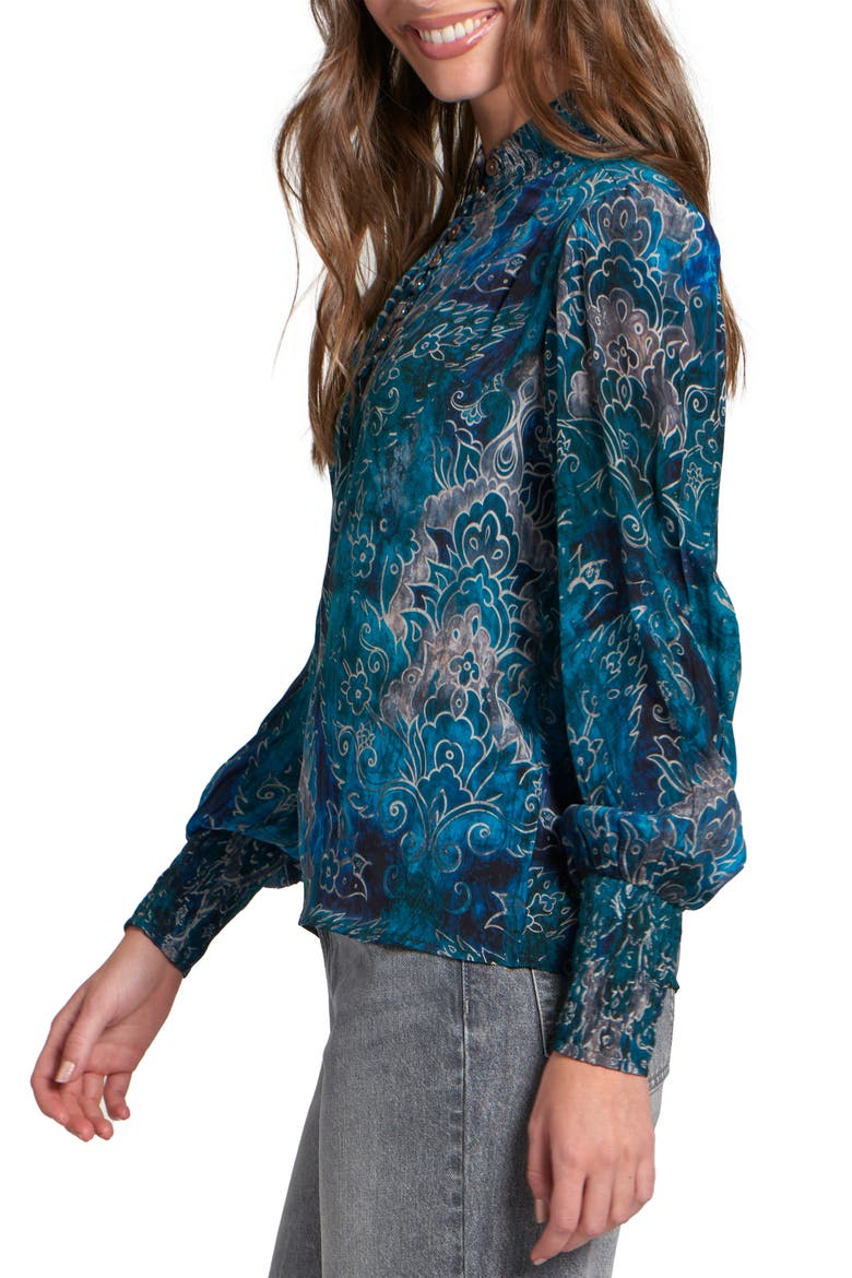 Puff Shoulder Button Front Top, Alternate, color, TURQUOISE MULTI