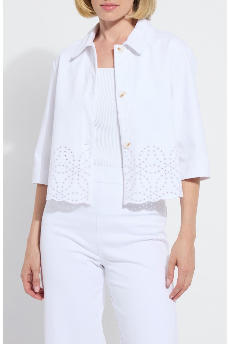Gem Eyelet Detail Stretch Cotton Denim Jacket, Main, color, WHITE