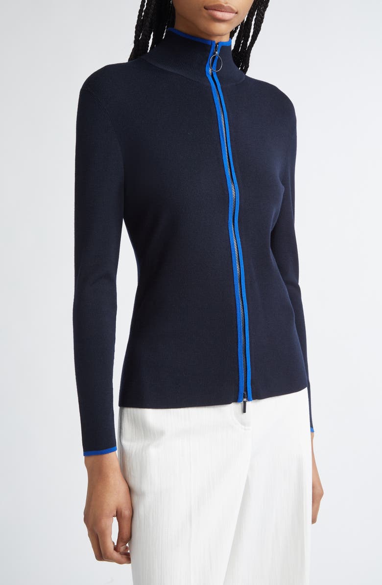 Akris punto Contrast Trim Virgin Merino Wool Zip Front Cardigan, Main, color, Navy/ Royal