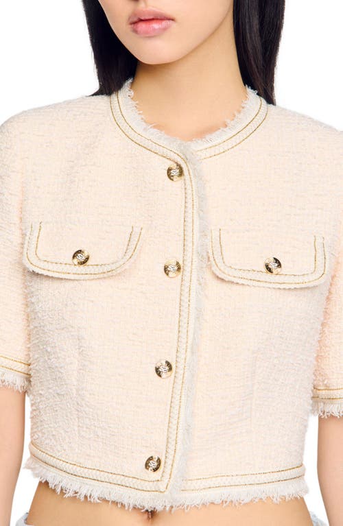 Sandro Short-sleeved Tweed Jacket In Ecru/pink