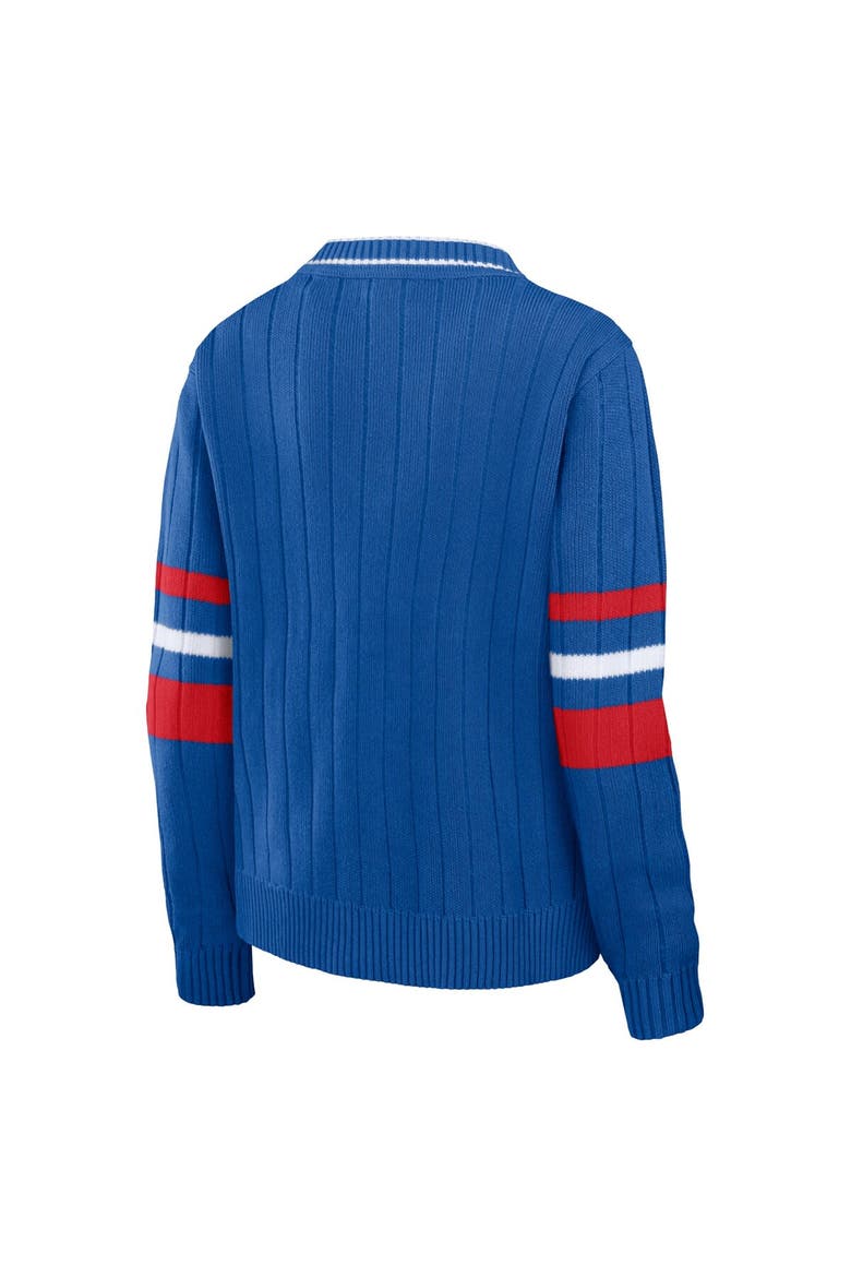 Women's WEAR by Erin Andrews Royal New England Patriots Throwback V-Neck Sweater, Alternate, color, Royal