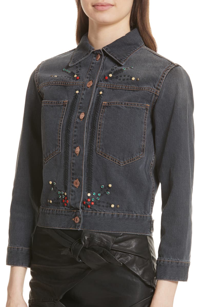 Isabel Marant Étoile Cabella Embellished Denim Jacket, Alternate, color, 