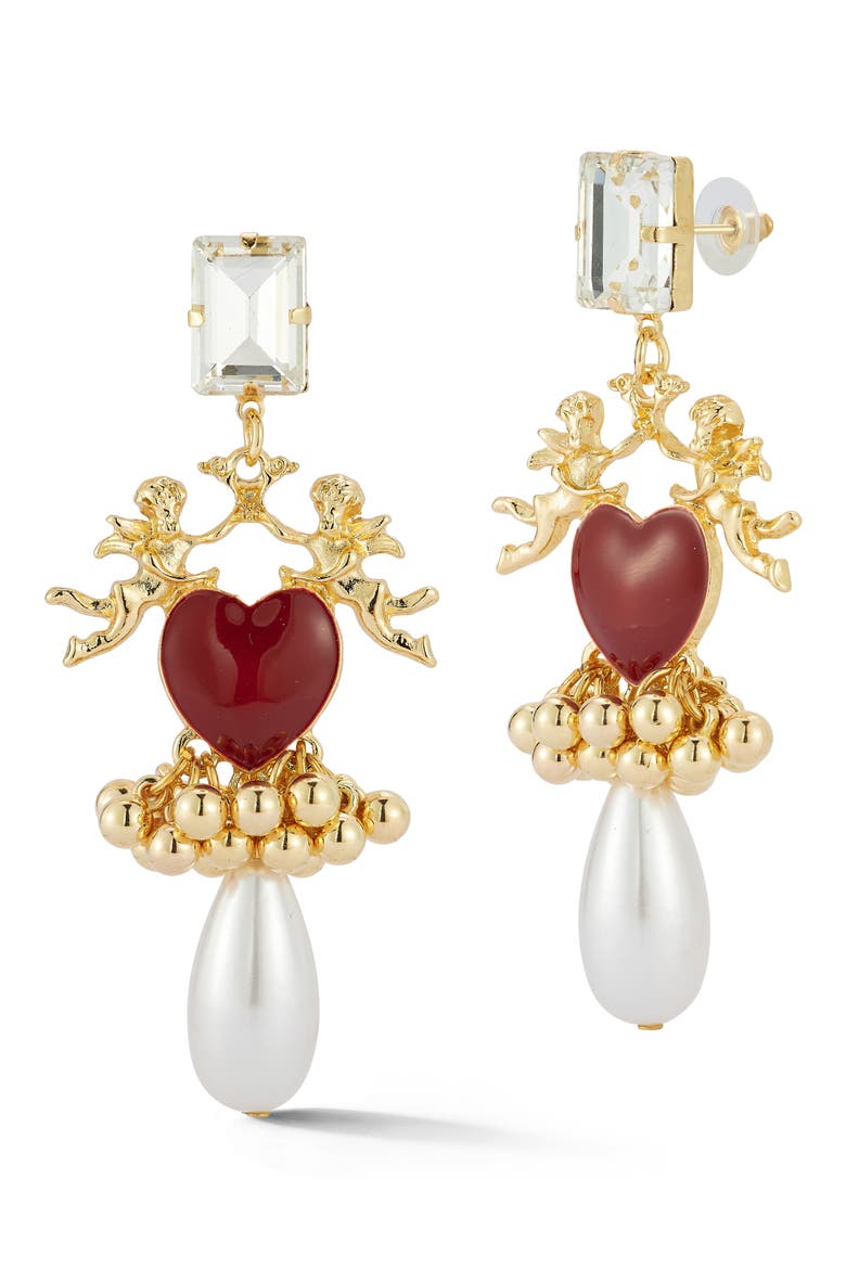 Heart & Faux Pearl Drop Earrings, Main, color, GOLD