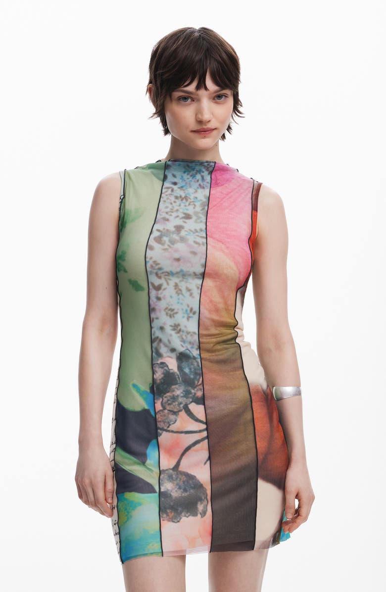 Desigual Mixed Print Mesh Minidress, Alternate, color, Bluish Green