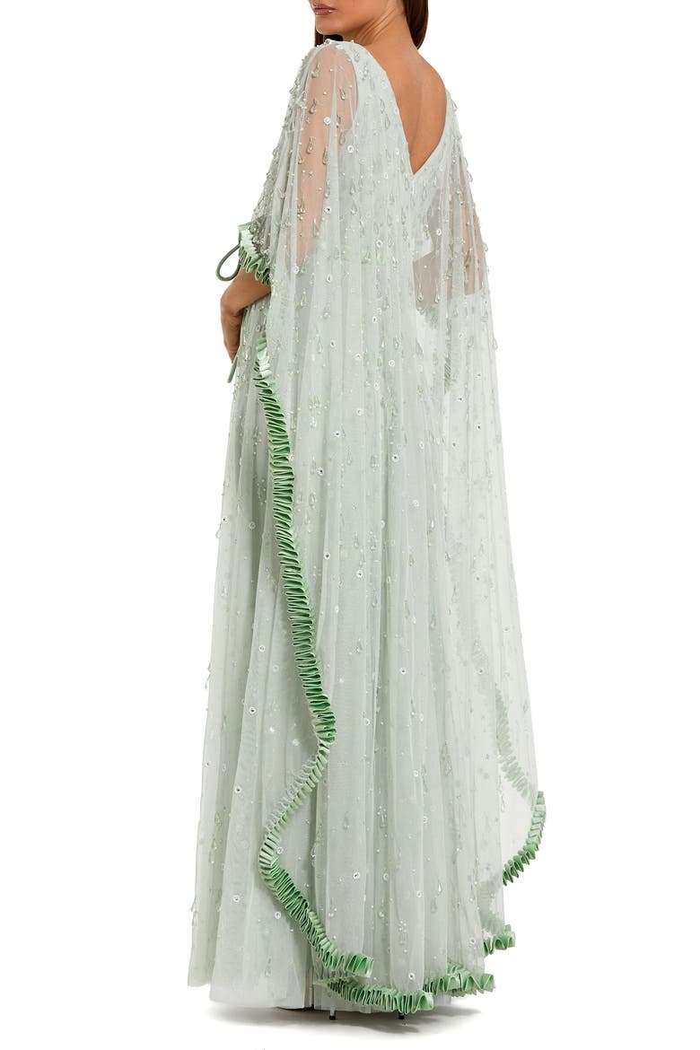 Beaded Cape Sleeve Gown with Ruffled Trim Detail, Alternate, color, Jade