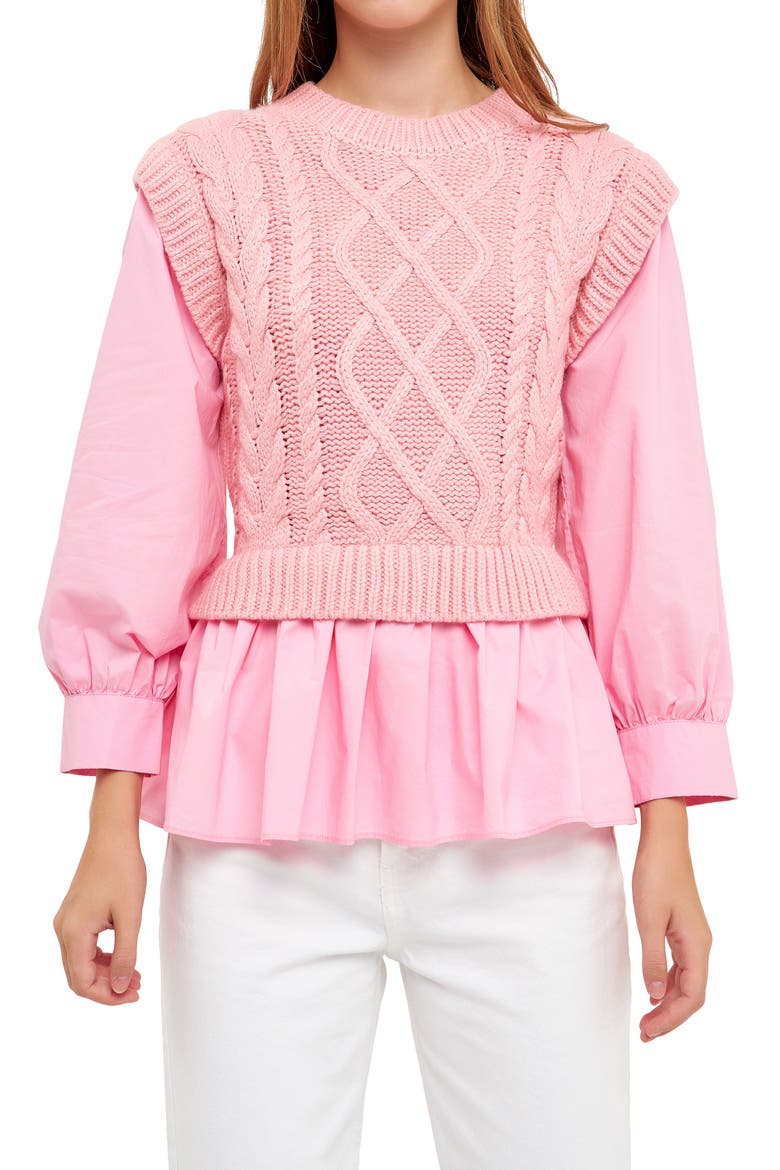 Mixed Media Cable Sweater, Alternate, color, PINK