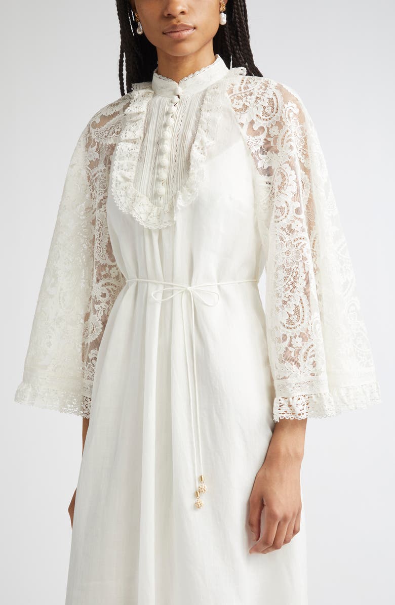 Zimmermann Ascension Lace Trim Tie Waist Midi Dress, Alternate, color, Cream