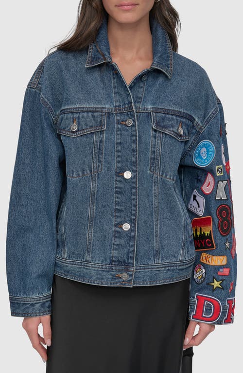 Shop Dkny Patch Detail Denim Trucker Jacket In Ludlow Wash
