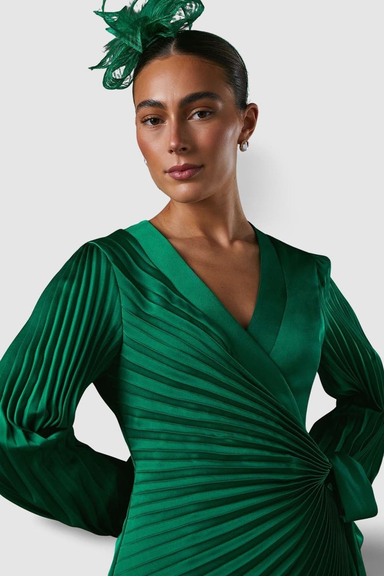 Satin Pleated Wrap Dress, Alternate, color, Green