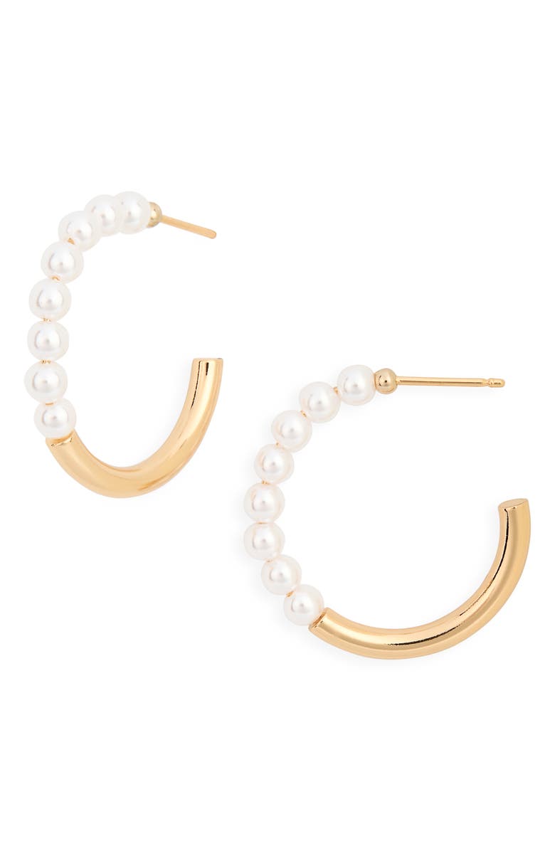Ettika Faux Pearl Hoop Earrings, Main, color, Gold