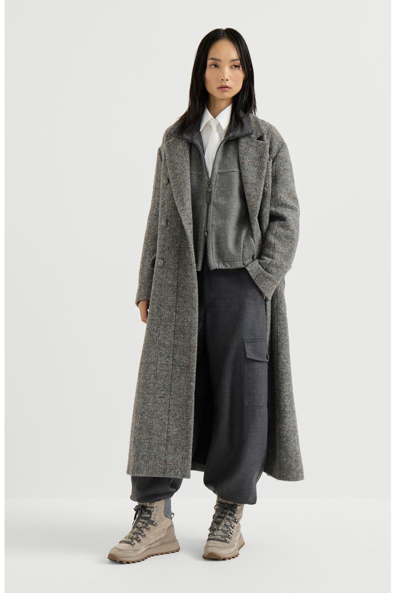 Techno alpaca check tweed coat with monili, Alternate, color, Dark Grey