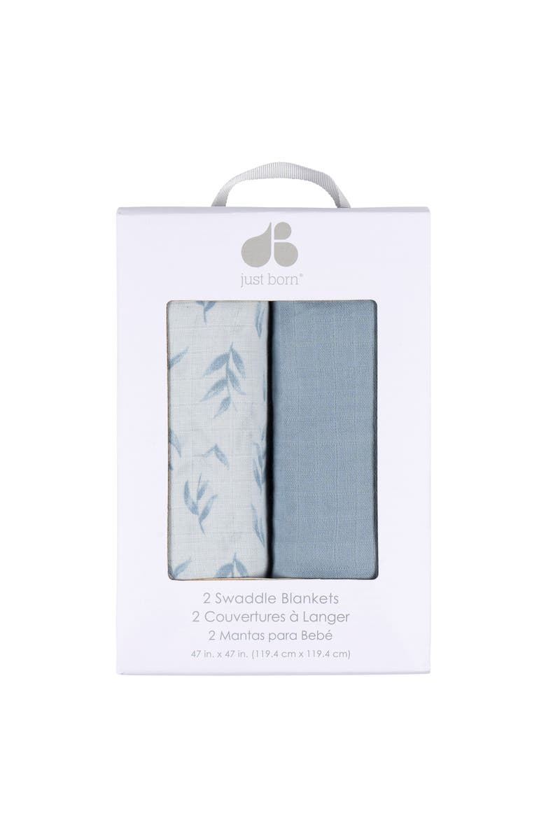 Just Born Muslin Swaddle Blue Blankets 2-Pack, Alternate, color, Blue Leaf