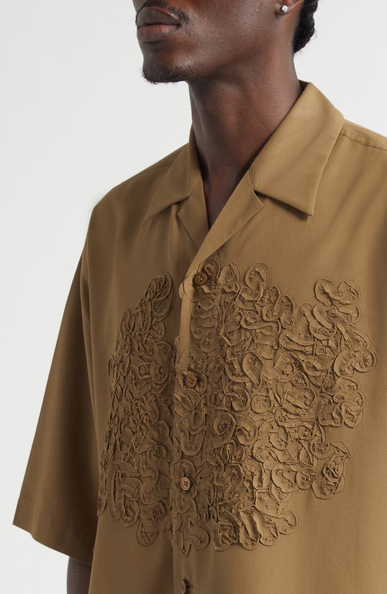 Homme Plissé Issey Miyake Pressed Embroidery Camp Shirt, Alternate, color, Khaki