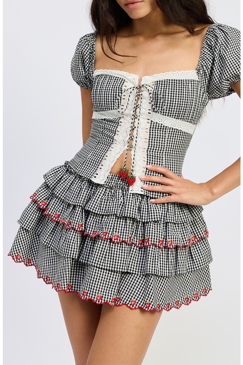 Emmie Gingham Puff Sleeve Crop Top, Main, color, BLACK WHITE