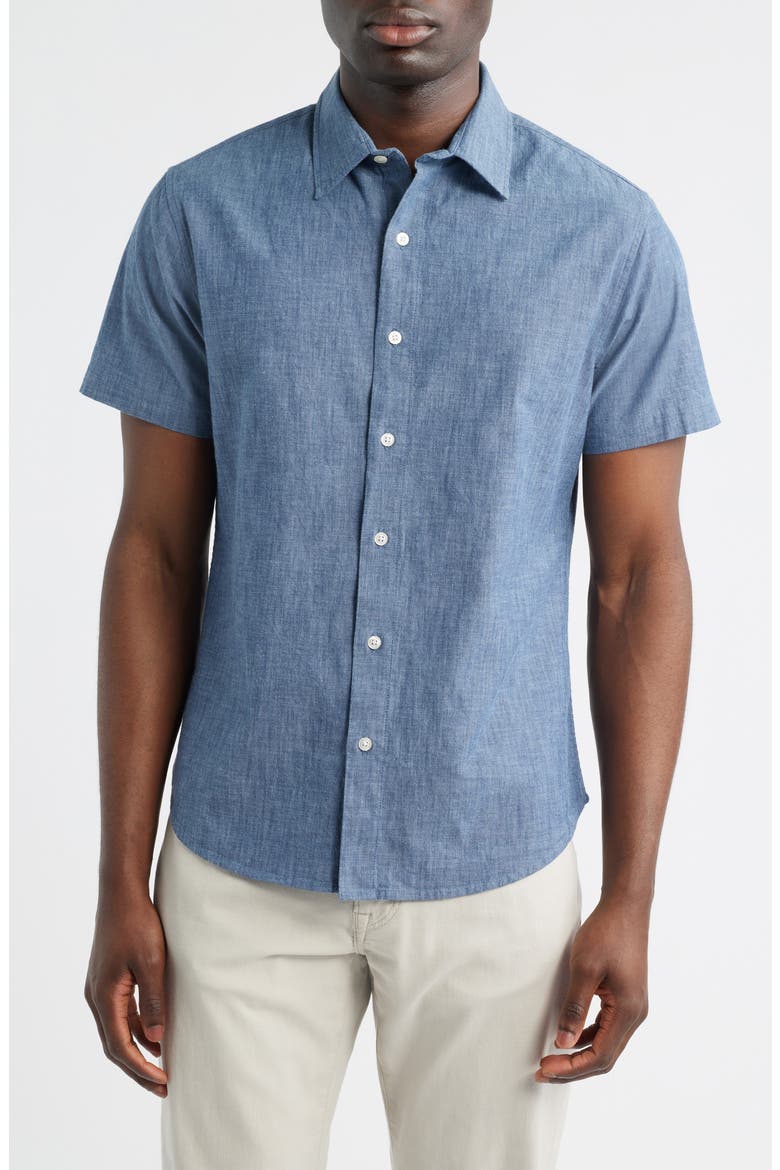 Men's Riviera Slim Fit Stretch Dot Short Sleeve Button-Up Shirt, Main, color, DARKWASH CHAMBRAY