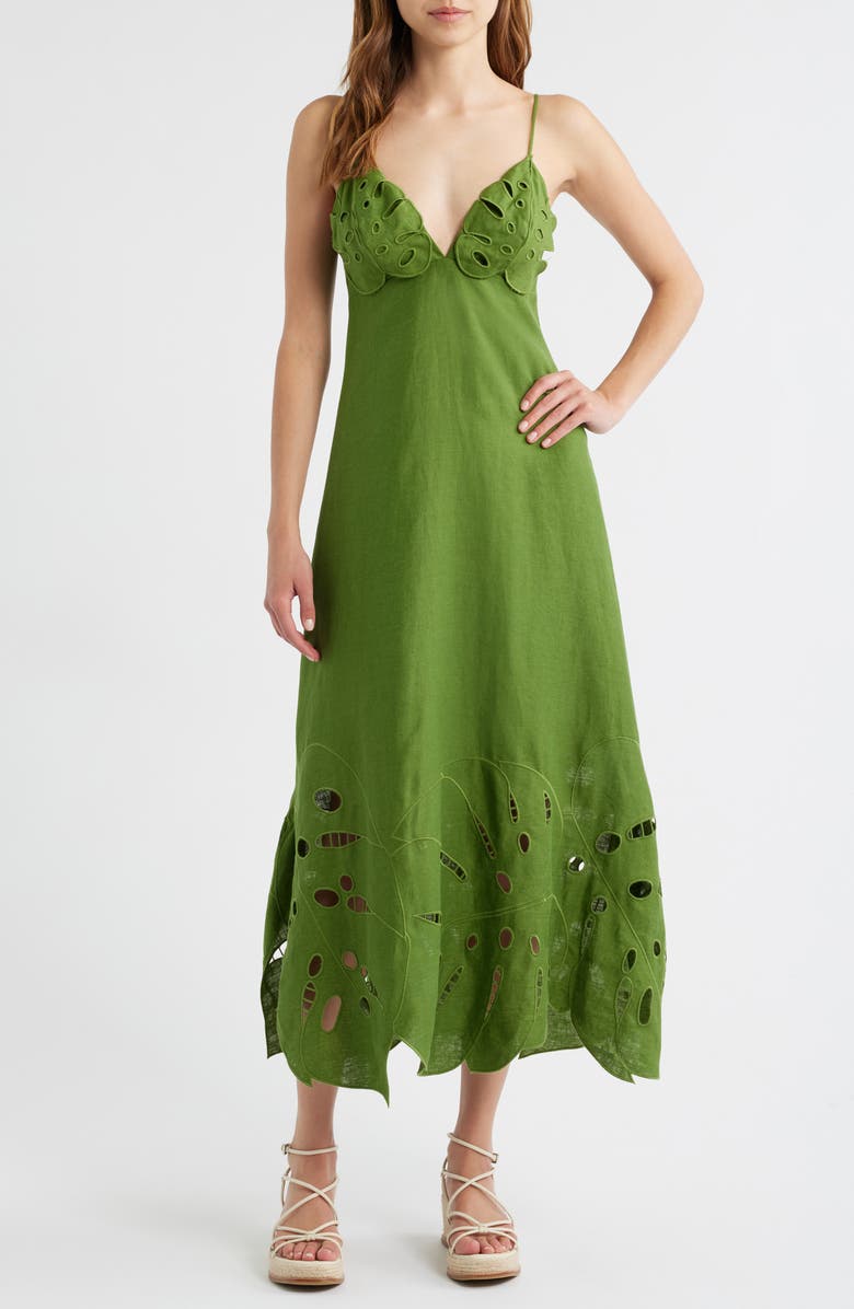 FARM Rio Monstera Embroidery Linen Midi Dress, Main, color,