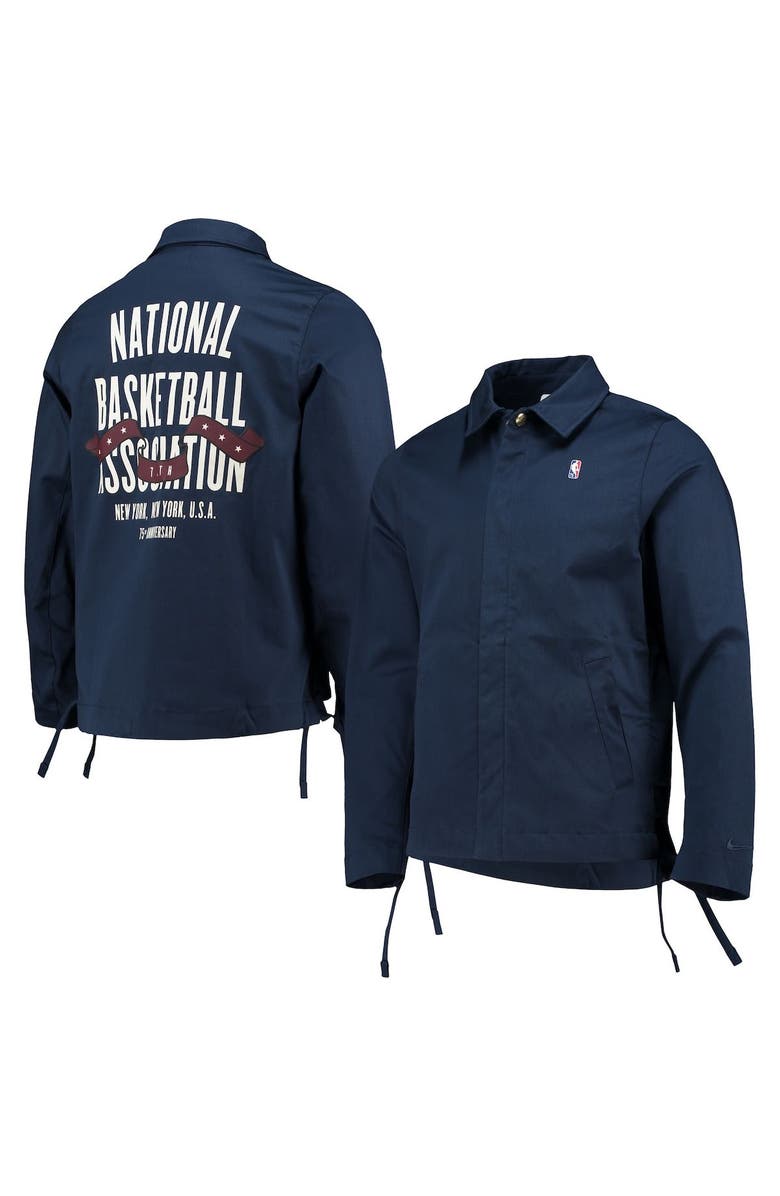 Nike Men's Nike Navy NBA 75th Anniversary Coaches Courtside Full-Snap Jacket, Main, color, 