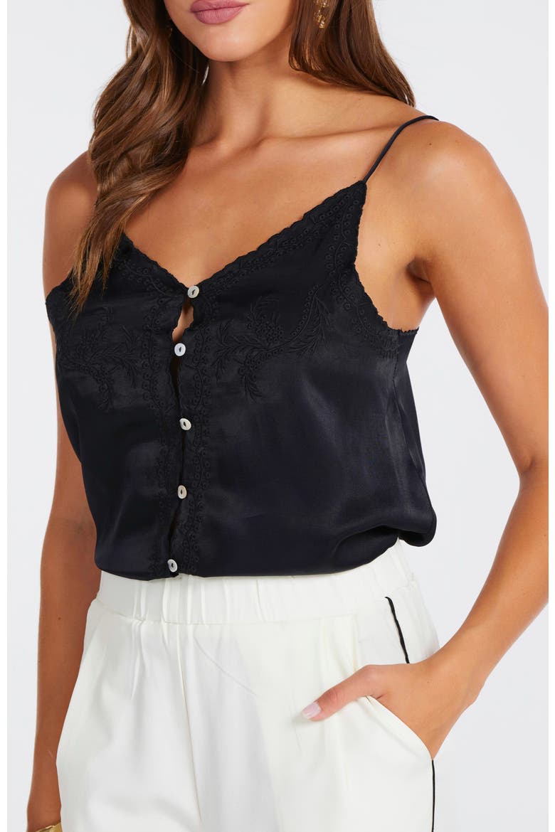 Anya Button Front Embroidered Cami, Main, color, Black