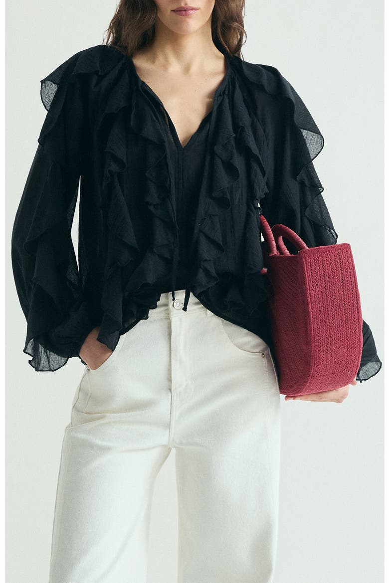 Ruffled Cotton Blouse, Main, color, Black