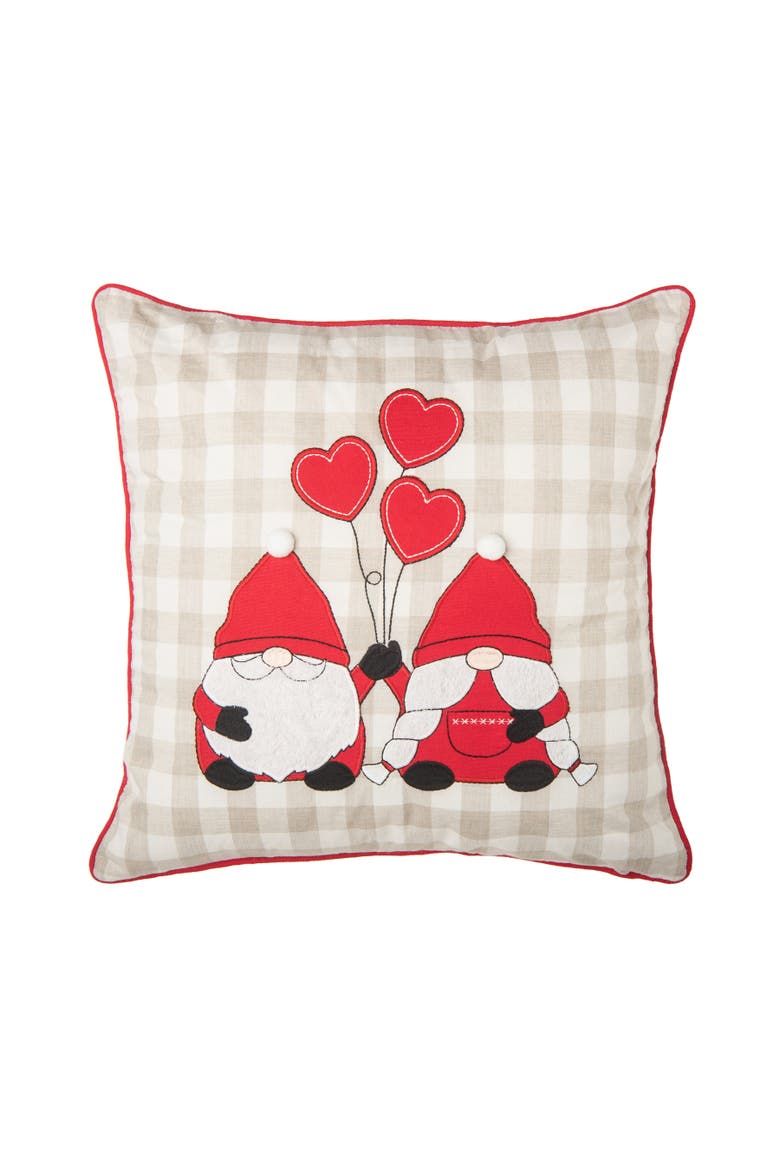 Gnomes w/ Heart Balloons Embroidered Valentine's Day Accent Throw Pillow 18" x 18", Main, color, Red