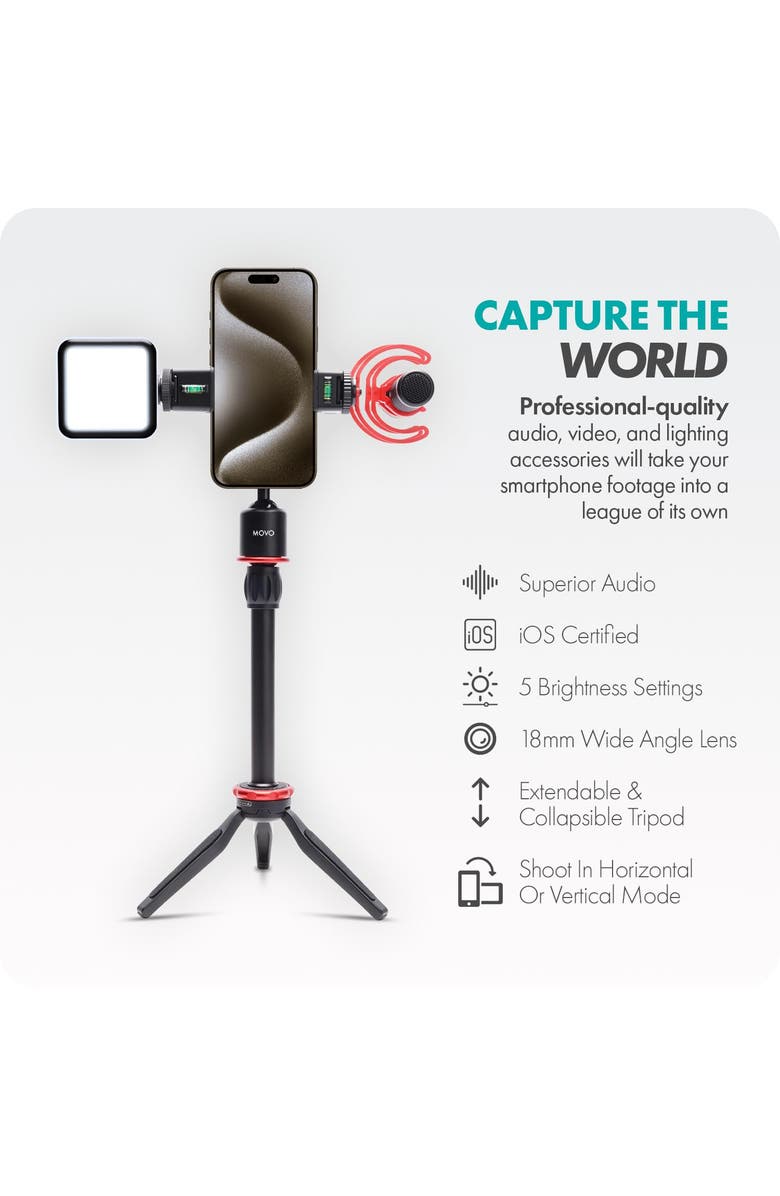 MOVO iVlog1-IP Vlogging Kit for iPhone 15/16/17 and up  (USB-C) with Microphone, Mini Tripod, LED Light, Wide-Angle Lens, Alternate, color, Black
